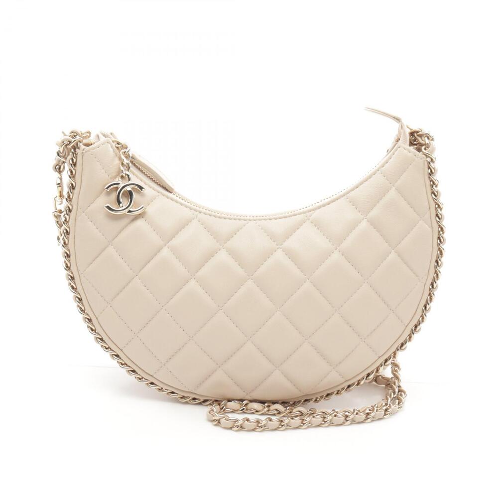 Chanel Matelasse Hobo Shoulder Bag Lambskin Sheepskin Leather Beige